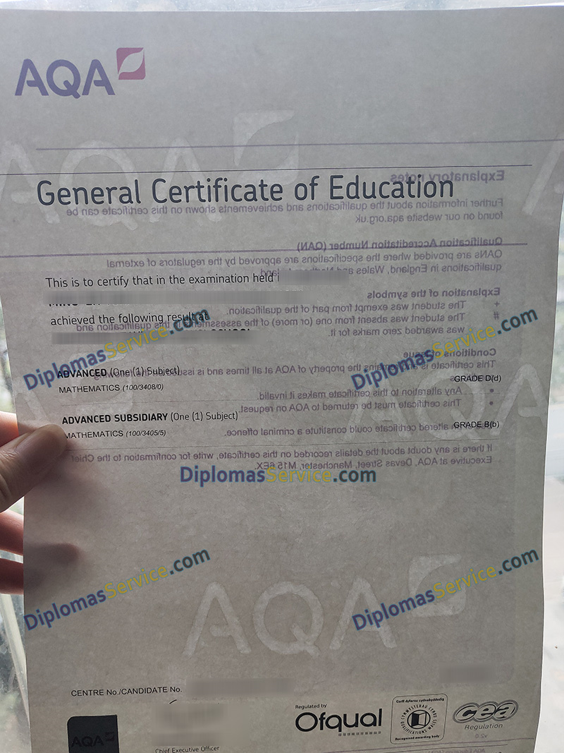 AQA GCE certificate on watermark paper