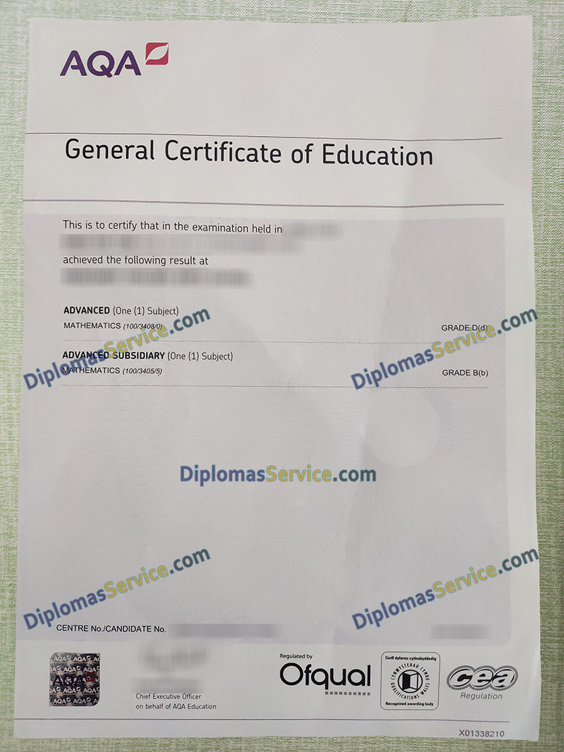AQA GCE certificate, AQA A Level certificate,