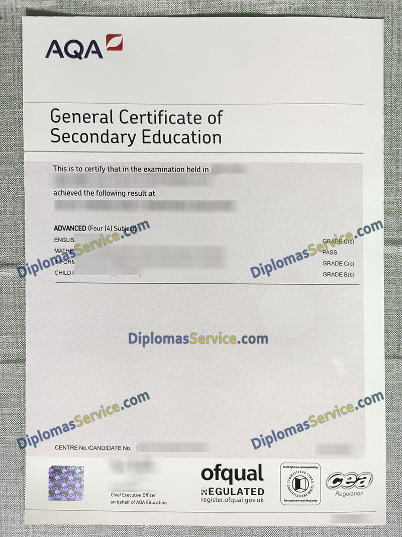 AQA GCSE certificate, General Certificate of Secondary Education,
