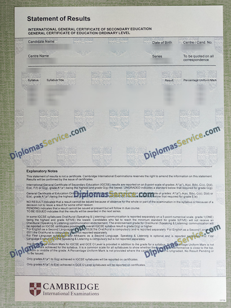 Cambridge Statement of Results, Cambridge GCE transcript,