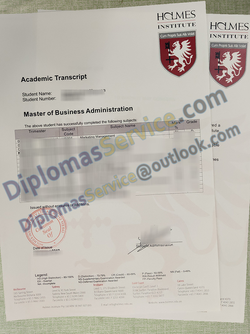 Holmes Institute transcript, MBA transcript,