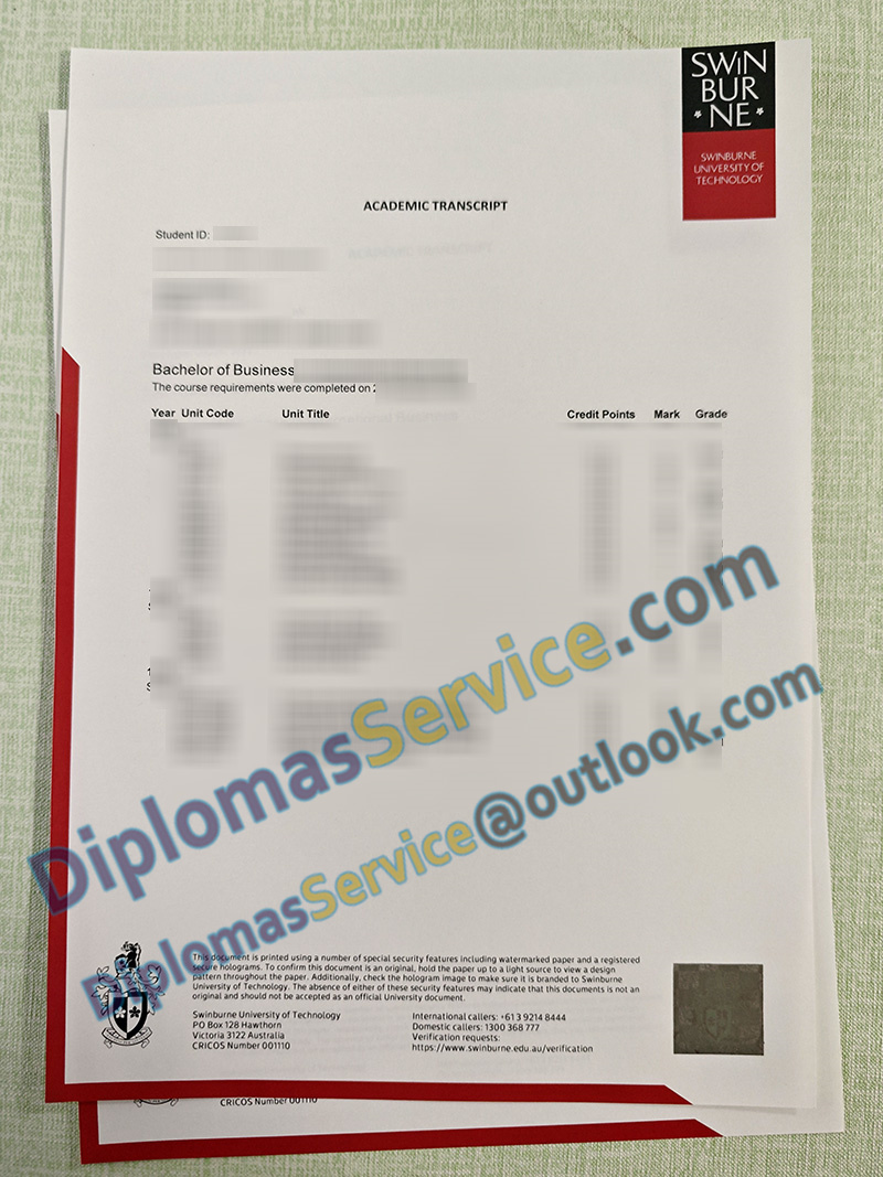 Swinburne University of Technology transcript, bachelor of business transcript,