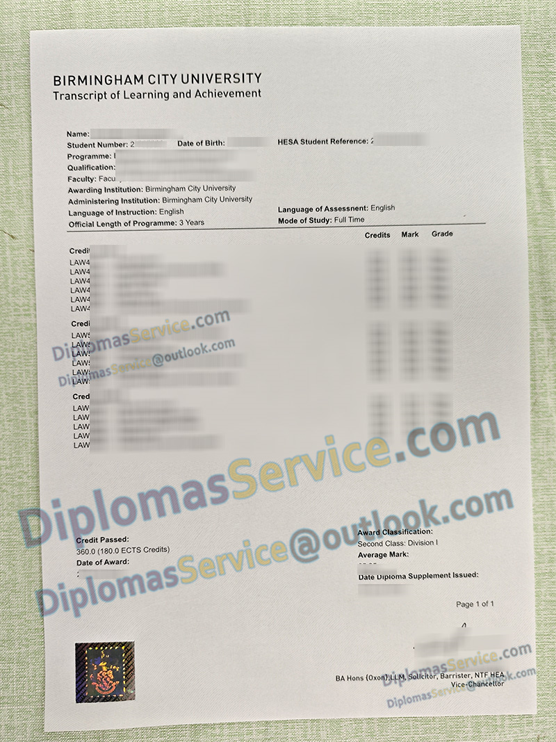 Birmingham City University transcript