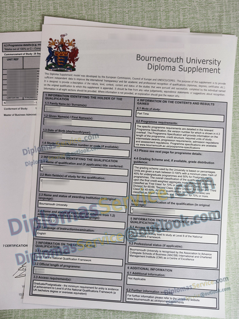 Bournemouth University transcript, Bournemouth University diploma supplement,