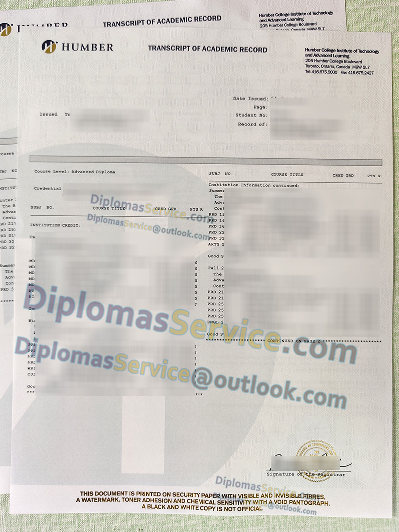 Humber College transcript