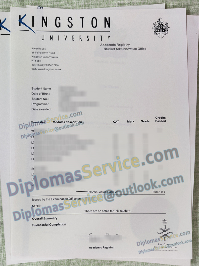 Kingston University transcript
