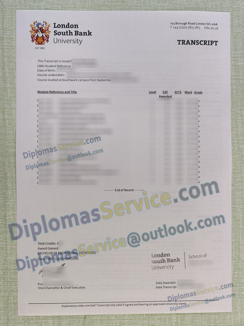 London South Bank University transcript, LSBU transcript,
