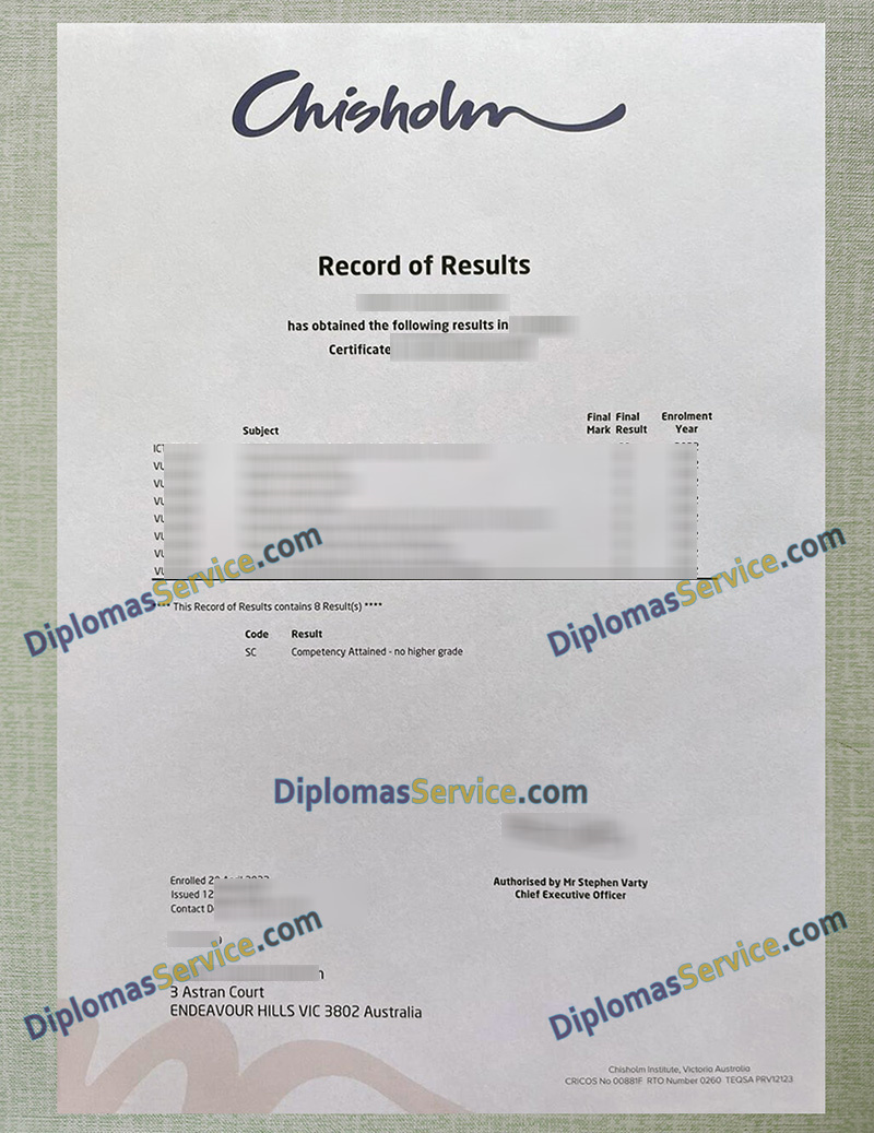 Chisholm Institute transcript, Chisholm record of results,