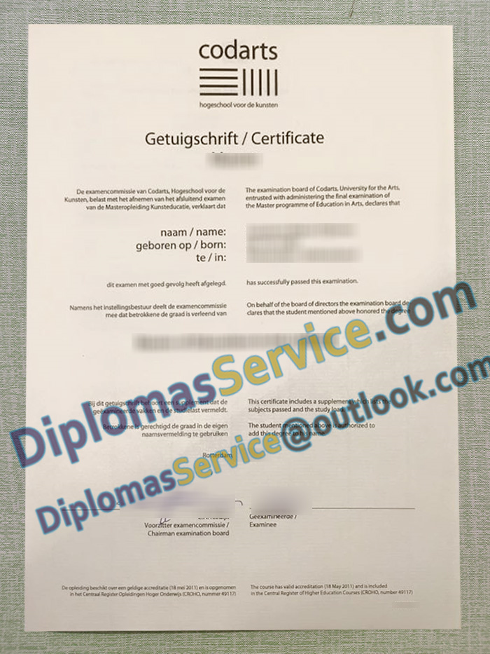 Codarts Hogeschool getuigschrift, Codarts hogeschool certificate,