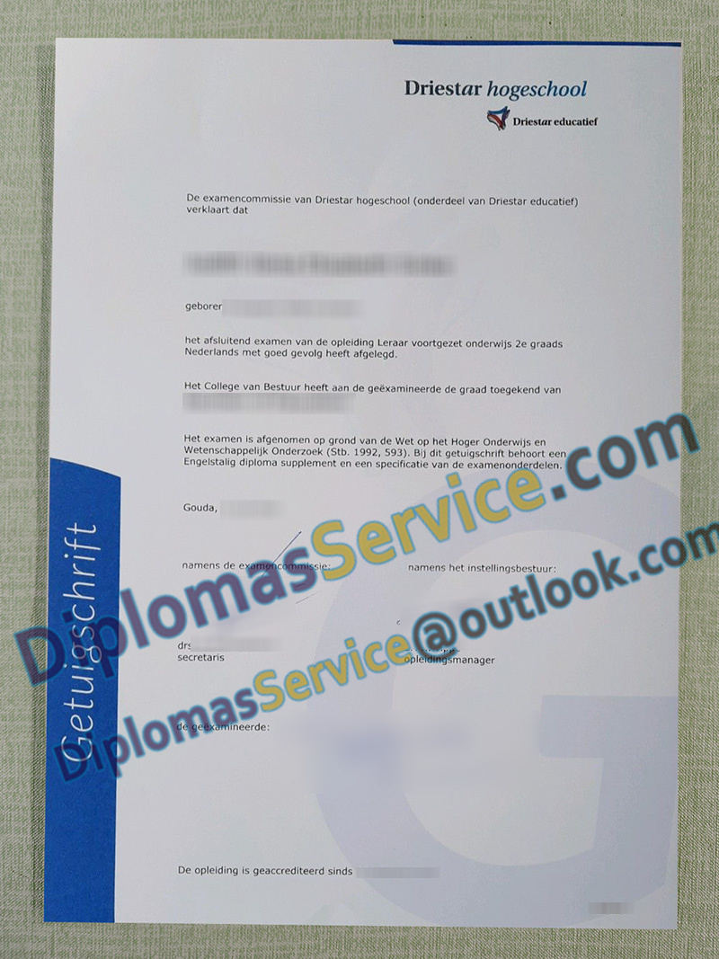 Driestar Hogeschool getuigschrift, Driestar Hogeschool degree,