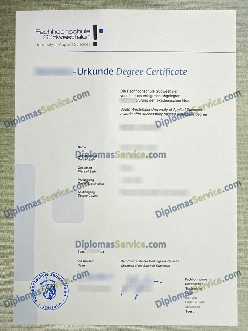 Fachhochschule Südwestfalen urkunde, Fachhochschule Südwestfalen degree,