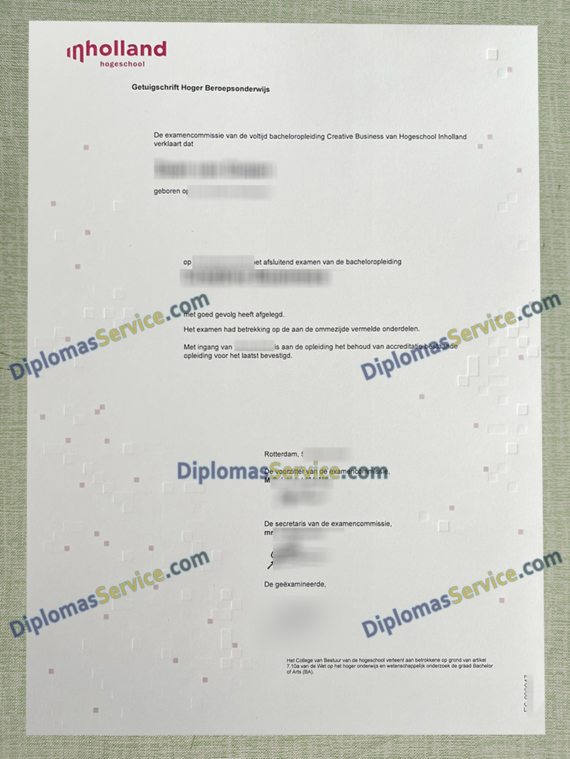 Hogeschool Inholland getuigschrift, Hogeschool Inholland certificate,