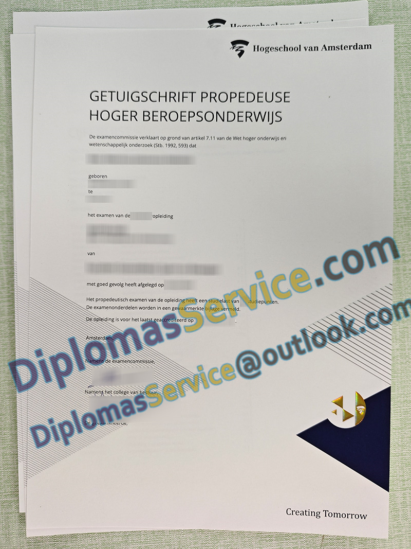 Hogeschool van Amsterdam getuigschrift, HvA certificate,