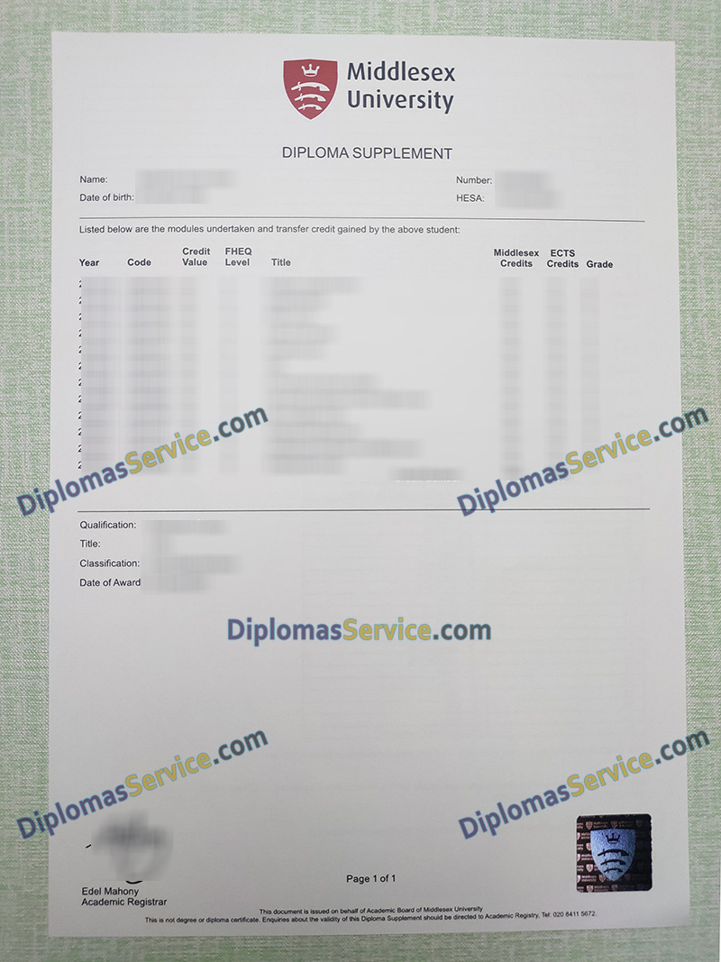 Middlesex University transcript