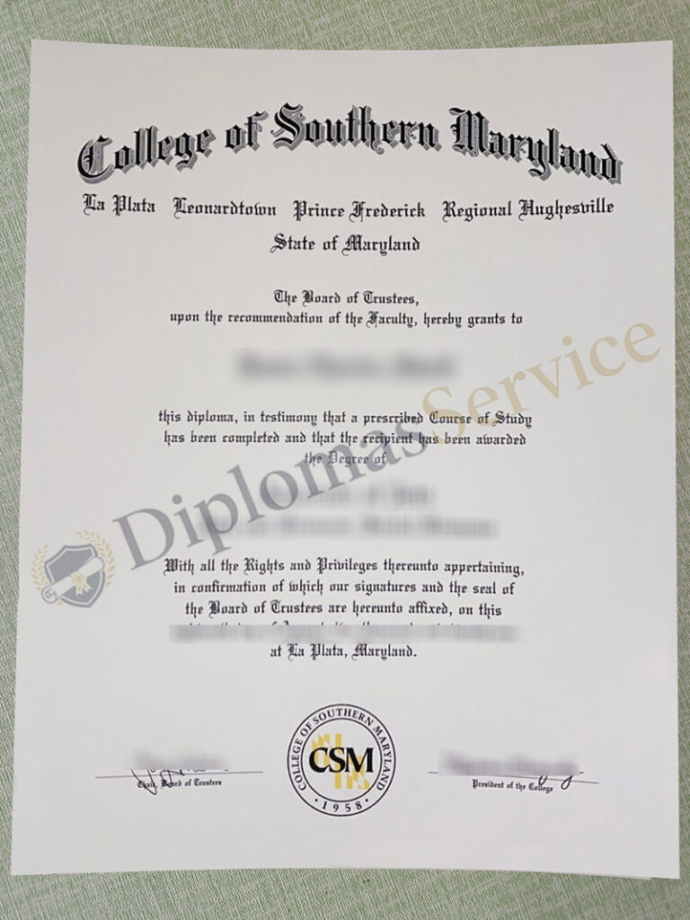 College of Southern Maryland diploma